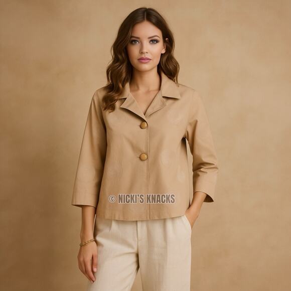 Johnny Was Embroidered Blazer Tan 3/4 Sleeve Boho Jacket Neutral Chic Size S - Picture 2 of 13